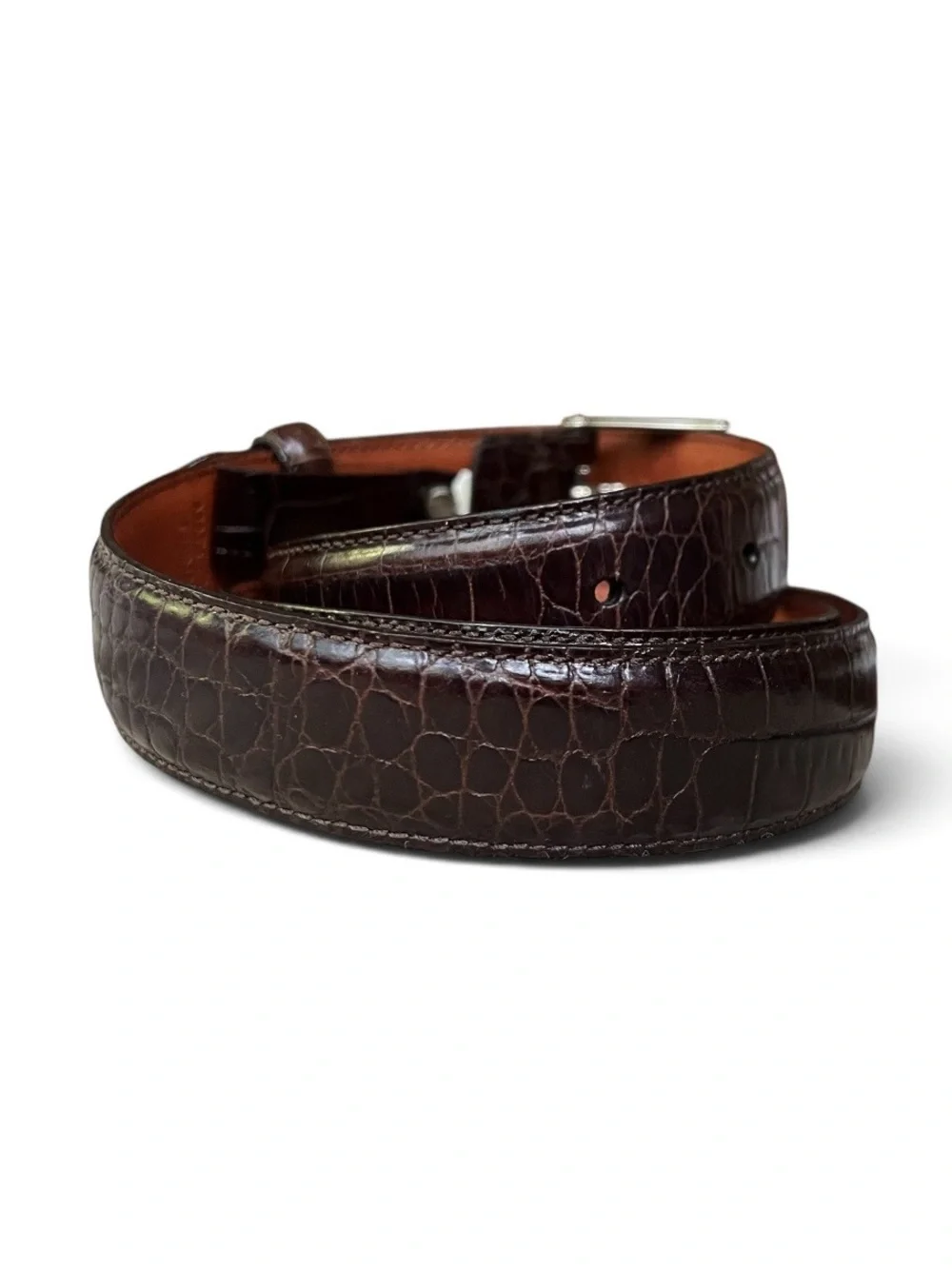 Vintage Ralph Lauren Crocodile Embossed Brown Leather Belt w/Silver Tone Buckle,